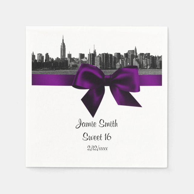 Serviettes Jetables NYC large Skyline Etted BW Sweet sixteen violet (Devant)