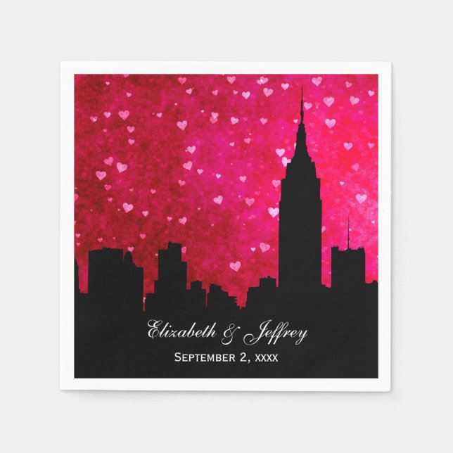 Serviettes Jetables NYC Skyline Silhouette Hot Rose Red Heart (Devant)