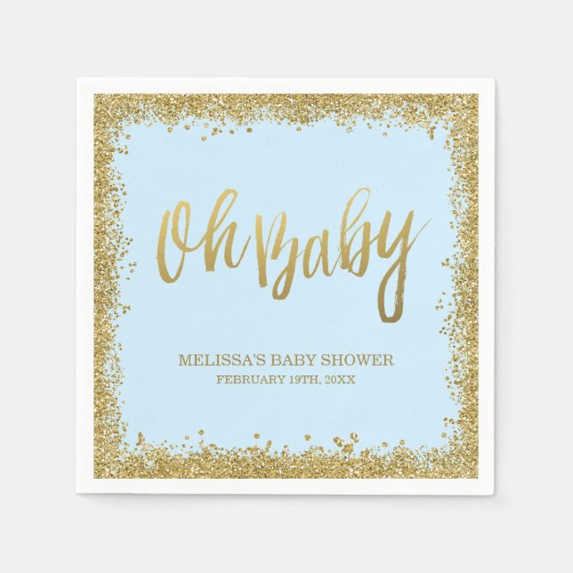 Serviettes Jetables Oh Baby Blue Gold Parties scintillant Baby shower (Devant)