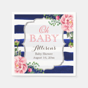 Serviettes Jetables Oh Baby shower rose Floral Argent Stripes Marine