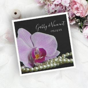 Serviettes Jetables Orchidée rose et perles sur Mariage noir