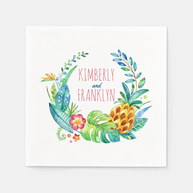 Serviettes Jetables palmiers de mariage de plage et aquarelle d'ananas (Devant)