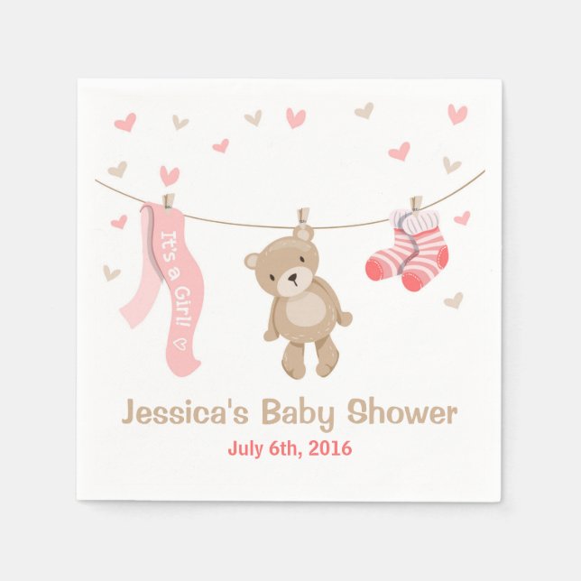 Serviettes Jetables Papier Baby shower Ours Teddy Napkin Girl rose (Devant)