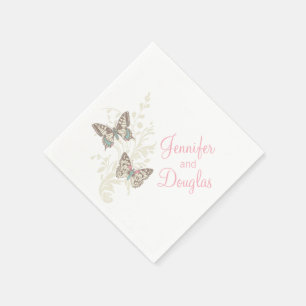 Serviettes Jetables Papier blanc rose mariage papillon