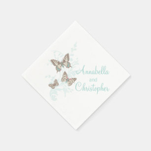 Serviettes Jetables Papier blanc turquoise mariage 3 papillons à encre