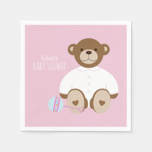 Serviettes Jetables Papier de Baby shower Teddy Bear Napkin - sur rose