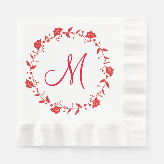 Serviettes Jetables Papier de Noël rouge et blanc Napkin Monogramme (Devant)