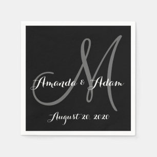 Serviettes Jetables Papier Mariage Monogramme noir et blanc Napkin