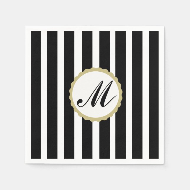 Serviettes Jetables Papier Monogramme en or noir rayé (Devant)