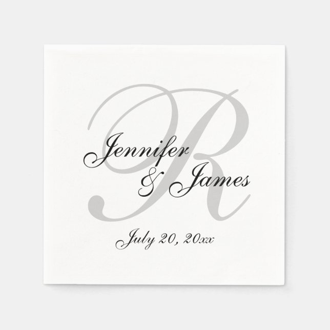 Serviettes Jetables Papier Monogramme personnalisé noir et blanc class (Devant)