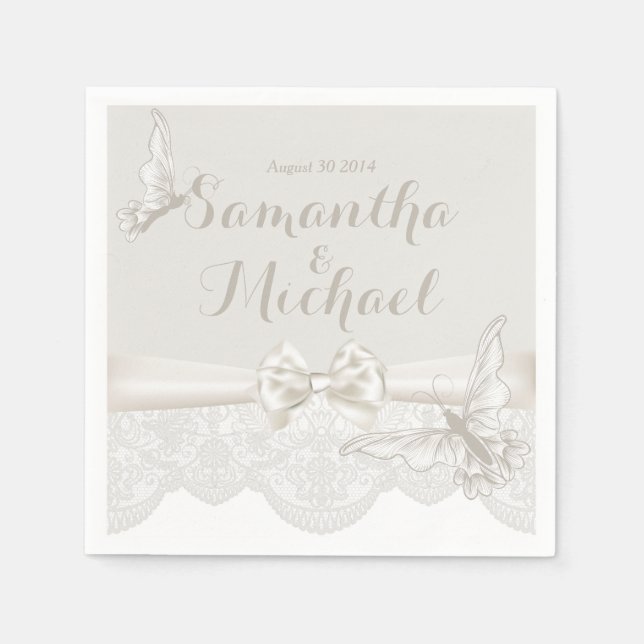 Serviettes Jetables Papillons ivoires et dentelle (Devant)