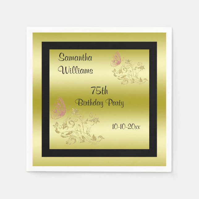 Serviettes Jetables Parties scintillant d'or et papillon mousseux 75e  (Devant)