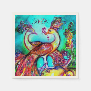 Serviettes Jetables PEACOCKS EN AMOUR Rouge Aqua Bleu Mariage Monogram