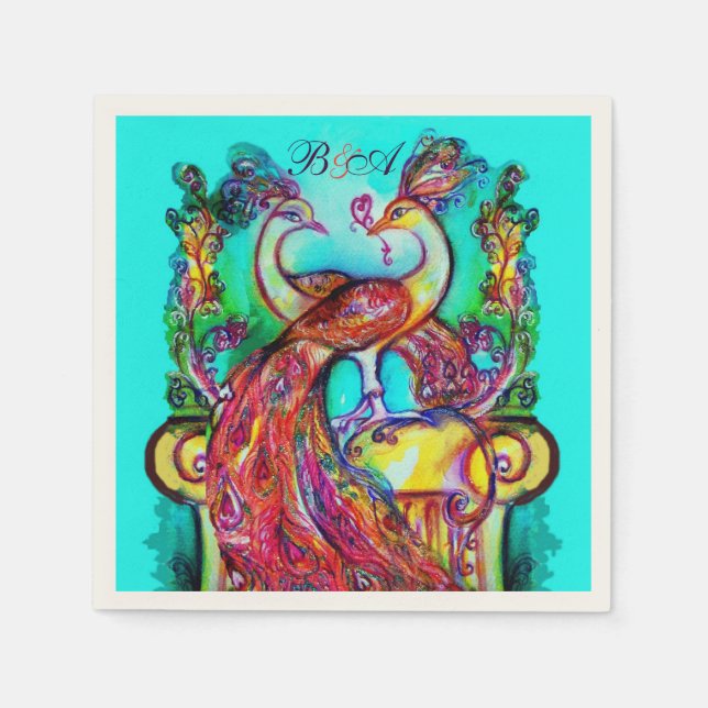 Serviettes Jetables PEACOCKS EN AMOUR Rouge Aqua Bleu Mariage Monogram (Devant)