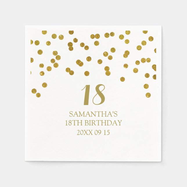 Serviettes Jetables Personnalisé 18e anniversaire Napkin Gold Confetti (Devant)