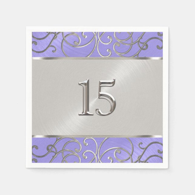 Serviettes Jetables Pinces Filigree d'Argent Violet Quinceanera (Devant)
