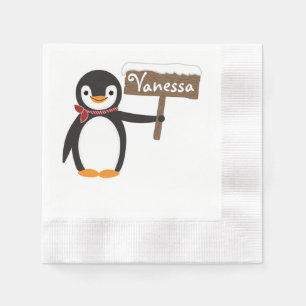 Serviettes Jetables Pingouin mignon avec écusson et signe en bois