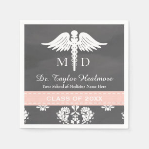 Serviettes Jetables Pink Chalkboard Caduceus Médicale School Graduatio