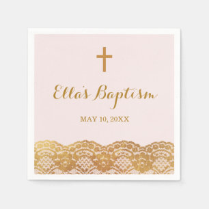 Serviettes Jetables Pink Gold dentelle fille Baptême Napkin