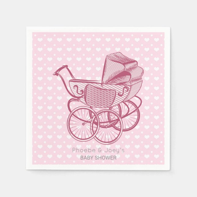 Serviettes Jetables Pink Pram Hearts Baby shower Personnalisé Élégant (Devant)