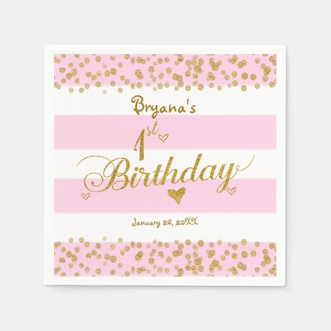 Serviettes Jetables Pink White & Gold 1ER anniversaire de fête Napkins (Devant)