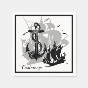 Serviettes Jetables Pirate Ship & Ancres Black Silhouette Napkins
