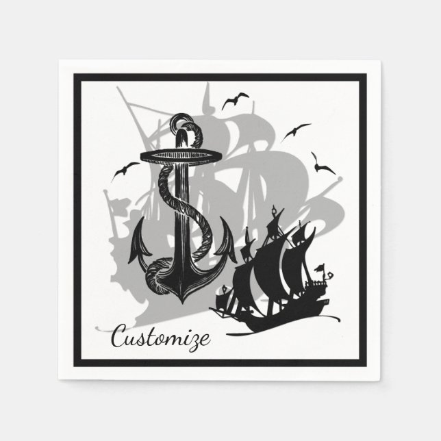 Serviettes Jetables Pirate Ship & Ancres Black Silhouette Napkins (Devant)