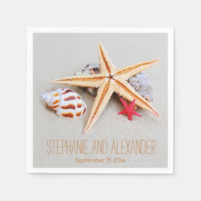 Serviettes Jetables Plage Thème Starfish and Seashell Papier Napkins (Devant)