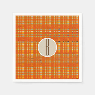 Serviettes Jetables Plaid orange et kraft marron rustique monogramme i