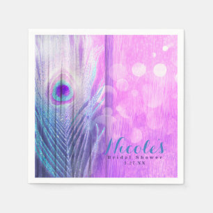 Serviettes Jetables Plume de paon rose et bleu Boho Chic Fête personna