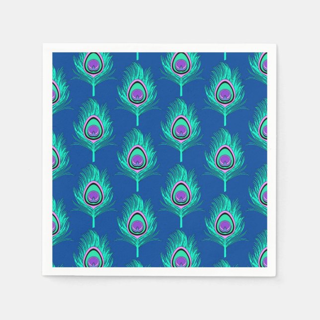 Serviettes Jetables Plumes de paon, Aqua sur le bleu profond de Cobalt (Devant)