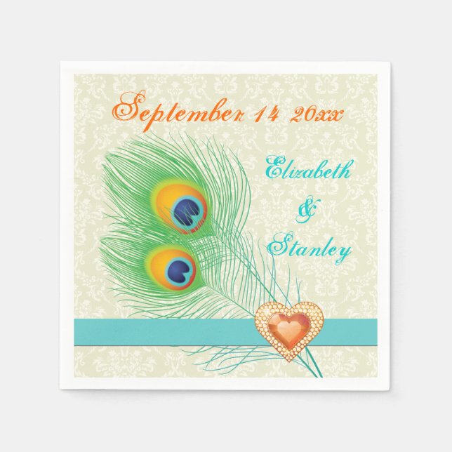 Serviettes Jetables Plumes de paon avec coeur de bijou orange mariage (Devant)