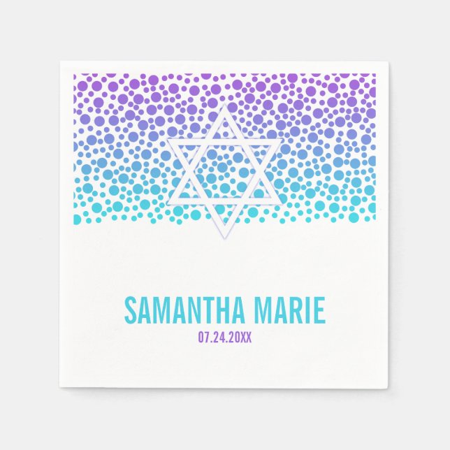 Serviettes Jetables Points Confetti Purple Bat mitzvah Turquoise (Devant)