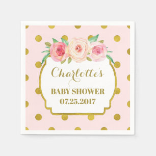 Serviettes Jetables Points d'or rose Baby shower floral