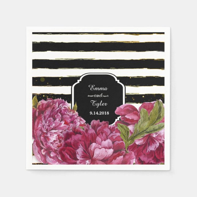 Serviettes Jetables Pony rose Fleur Noir et Blanc Bande (Devant)