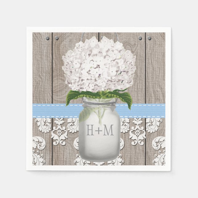 Serviettes Jetables Pot Mason à Hortensia à Monogramme Bleu (Devant)