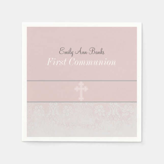 Serviettes Jetables Première sainte communion de dentelle rose (Devant)