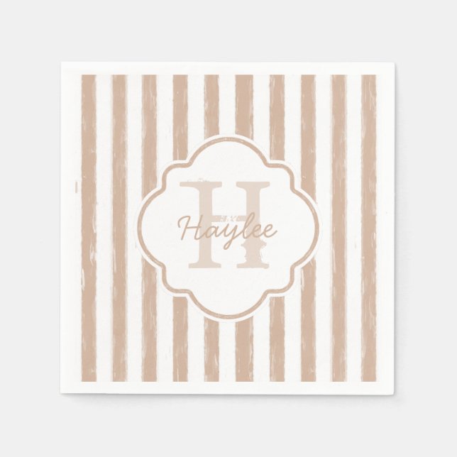 Serviettes Jetables Preppy Tan Peint Stripes Monogramme et nom (Devant)
