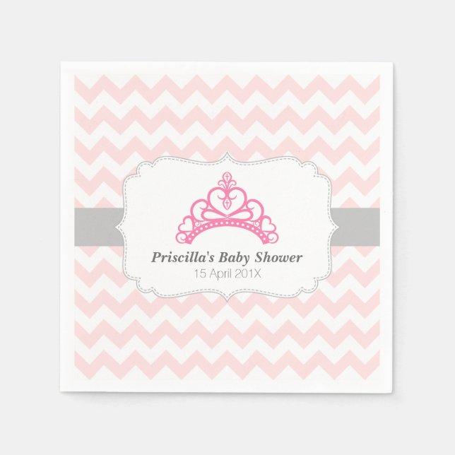 Serviettes Jetables Princesse Tiara, Chevron Rose, Bébé Douche fille (Devant)