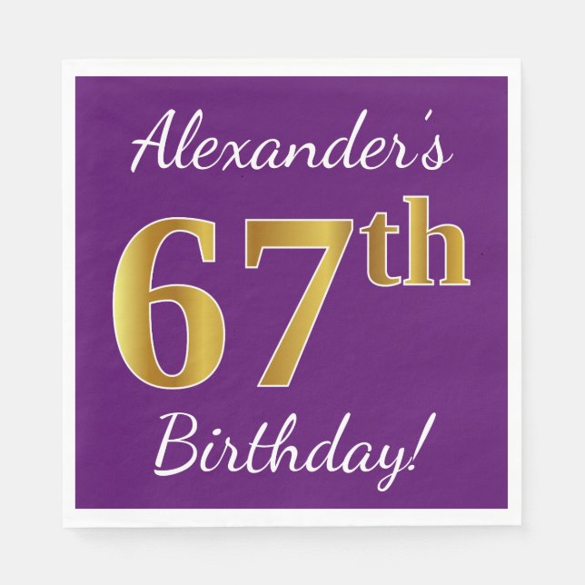 Serviettes Jetables Purple, Faux Gold 67e anniversaire + Nom personnal (Devant)