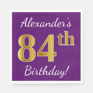 Serviettes Jetables Purple, Faux Gold 84e anniversaire + Nom personnal