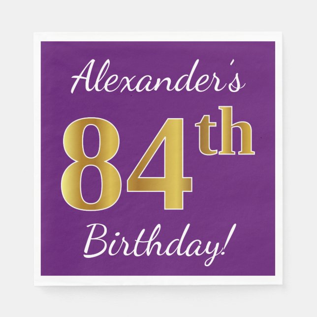 Serviettes Jetables Purple, Faux Gold 84e anniversaire + Nom personnal (Devant)