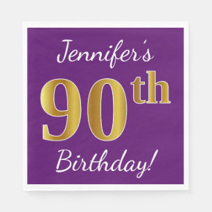 Serviettes Jetables Purple, Faux Gold 90e anniversaire + Nom personnal