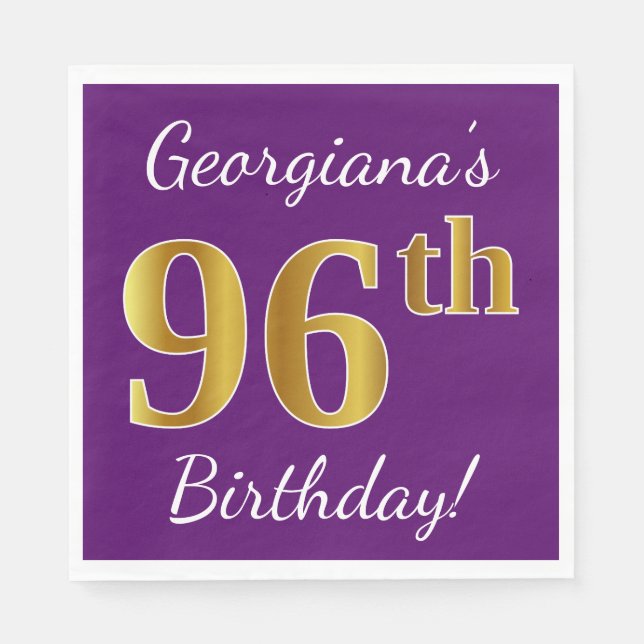 Serviettes Jetables Purple, Faux Gold 96e anniversaire + Nom personnal (Devant)