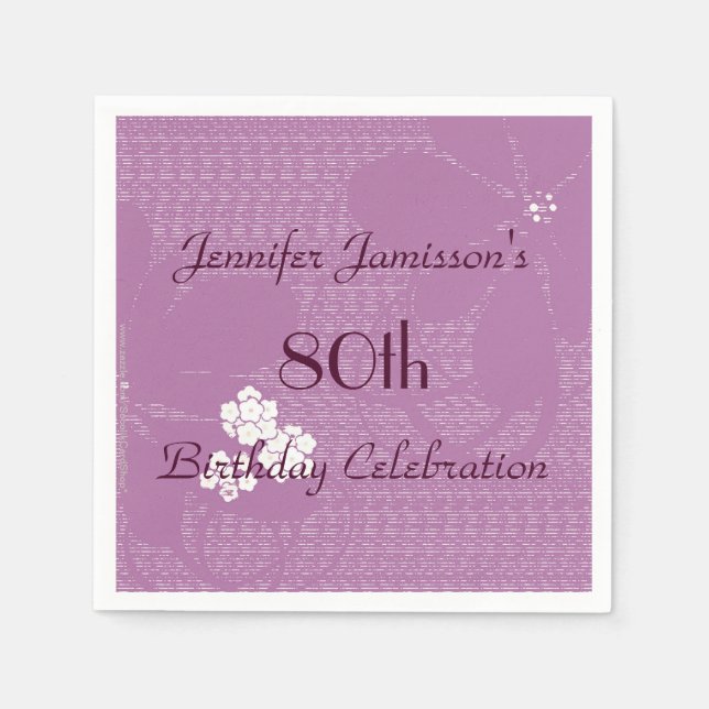 Serviettes Jetables Purple Floral Personnalisé 80ème anniversaire fête (Devant)