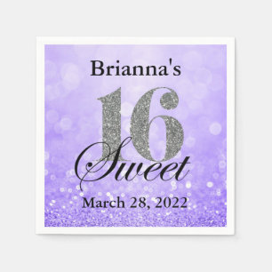 Serviettes Jetables Purple Sweet 16 Parties scintillant d'argent perso