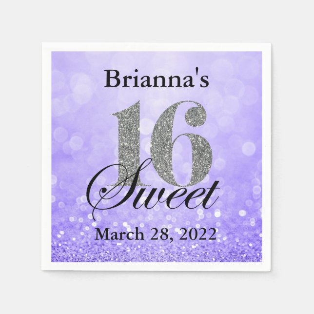Serviettes Jetables Purple Sweet 16 Parties scintillant d'argent perso (Devant)