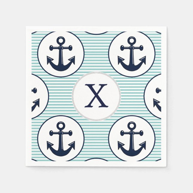 Serviettes Jetables rayures d'aqua, motif nautique à ancre bleue (Devant)