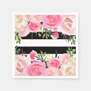 Serviettes Jetables Rayures noires et blanches Fleurs roses Baby Showe