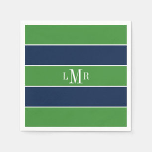 Serviettes Jetables Rayures vertes et bleues et monogramme
